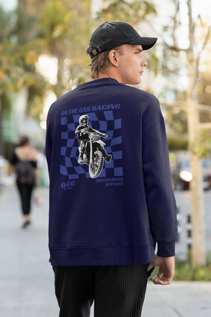 Sudadera unisex de cuello redondo con estampado de cuadros 'On The Gas Racing'